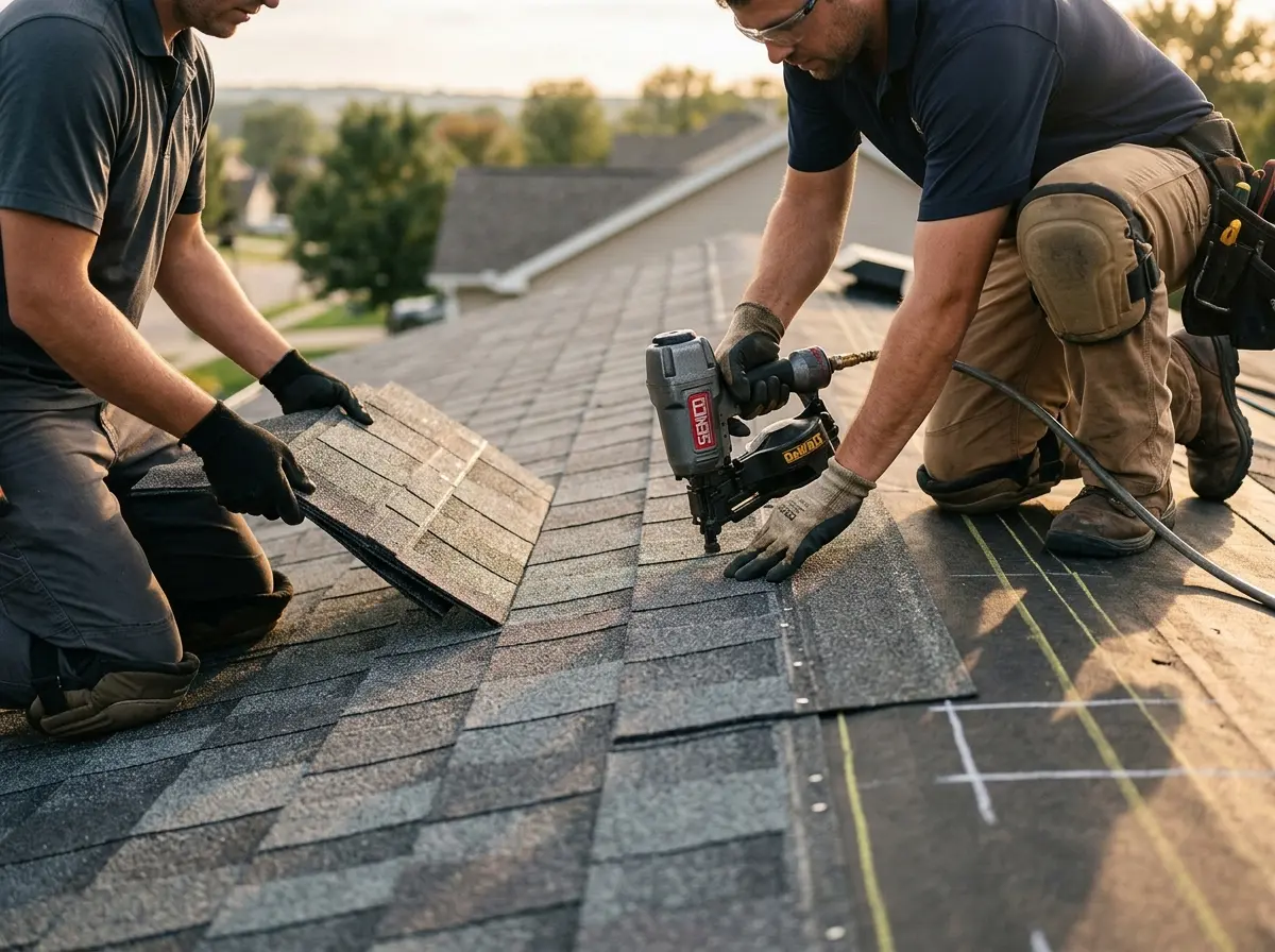 Professional roofer working on a residential roof in West Rancho Dominguez